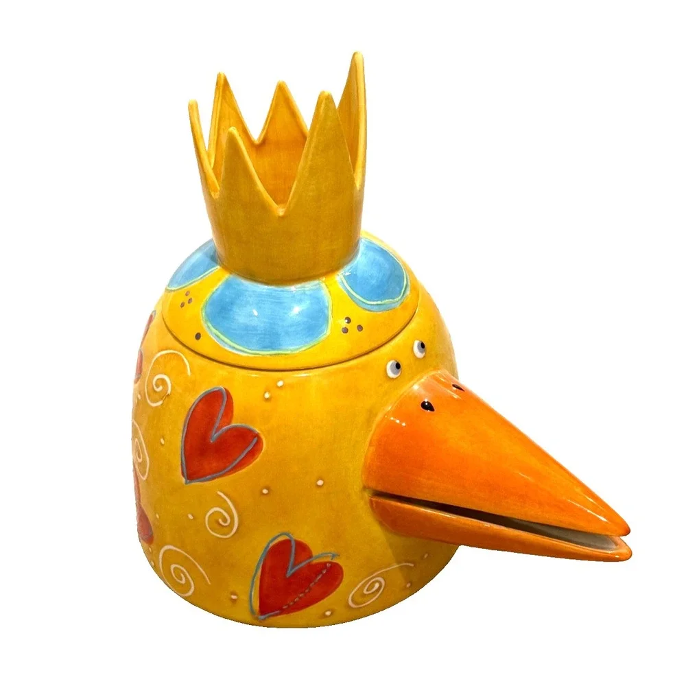 Vintage Cookie Jar With Love, Joanne Whimsical Pop Art‎ Yellow Bird/Crown/Hearts